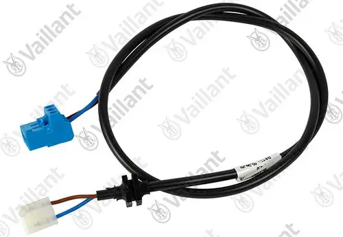 Kabelbaum von Vaillant mit einer blauen und einer weißen Verbindung. Die Kabel sind schwarz und braun. Ideal für die Verbindung von Komponenten in Heizsystemen.